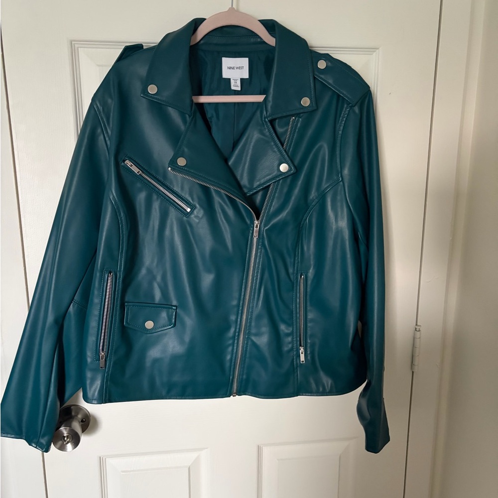 Nine West Teal Faux Leather Moto Jacket with Silver Hardware